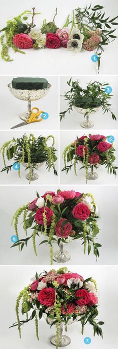 flowers are arranged in glass vases and placed on top of each other with scissors