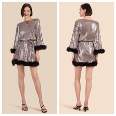 Brand- Trina Turk Style- Uhura Sequin Dress With Feather Hem And Cuffs Color- “Mercury” Silver With Black Feathers Size- Medium Retail Price- $598 Condition- Bnwt, 2 Missing Sequins At The Shoulders Shown In Last Pic. Details- Perfect Holiday Or New Year’s Eve Dress. Fully Lined With A Soft Material So It Isn’t Scratchy On The Inside. Flattering Boat Neckline. Removable Belt/Sash. Super Sparkly. Such A Gorgeous Dress. Festive Silver Cocktail Dress, Chic Silver Winter Dress, Glamorous Silver Dress For Winter, Glamorous Silver Winter Dress, Silver Embellished Dress For Holiday Party, Silver Long Sleeve Dresses For Festive Occasions, Silver Dress For Winter Night Out, Silver Dresses For Winter Night Out, Silver Dress For Night Out In Winter