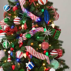 a christmas tree decorated with ornaments and lights