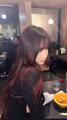 Long Haircut Shapes, Natural Colors To Dye Hair, Asian Winter Hair Color, Dark Red Hair With Wispy Bangs, Cherry Red Hair Streaks, Natural Looking Dyed Hair, Black Cherry Hair Color Asian, Bounce Curls Hairstyles, Hime Bangs Hairstyle