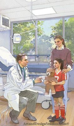 a man in a white lab coat holding a teddy bear while two children look on