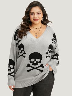 Shop Supersoft Essentials Halloween Skull Print V Neck Pullover at BloomChic. Plus Size Clothing & Plus Size Pullovers. BloomChic is a digital-first fashion and lifestyle destination for modern women sizes 10-30. Cardigans Women, V Neck Pullover, Trendy Sweaters, Halloween Sale, Skull Print, Halloween Skull, Sleeves Pattern, Plus Size Casual, Plus Size Clothing