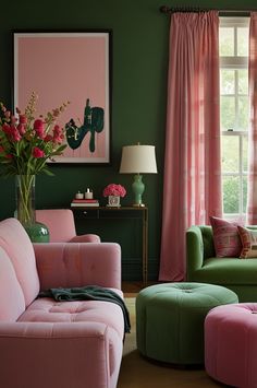 a living room with pink and green furniture