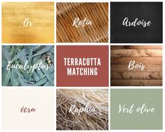 the words are written in different colors and font styles on wooden boards with grass or reeds