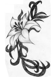 a black and white drawing of a flower with swirls on it's side