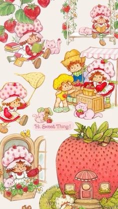 children's wallpaper with strawberrys and other things in the background, including an apple