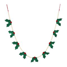 a necklace with holly leaves and pearls hanging from it's sides on a white background