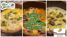 three different pictures of soups with the words copycat soup recipes you will love