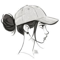 a drawing of a woman with a ponytail in her hair wearing a baseball cap and looking to the side