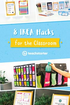 there are many different items on display in this class room with the text 8 ikea hacks for the classroom