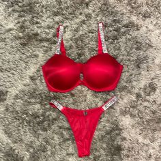 Gorgeous Valentines Day Set In Hot Red Satin With Rhinestone Straps At Bra And The Brazilian Panties Which Are Hard To Find Never Worn Only Tried On Bra Size Is 38dd Panties Are A Size M Bras And Panties, Red Satin, In Hot, Bra Sizes, Women's Intimates, Push Up, Victoria's Secret, Valentines Day, Valentines