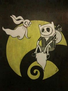 a drawing of jack skellingy on the moon with ghost and cat in background