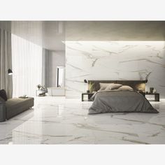 a bedroom with marble flooring and white walls