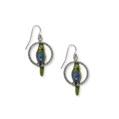 Women's Pewter Hoops With Blue & Green Enamel Parrot Drop Earrings Channel Jewelry, Cute Parrot, Pewter Earrings, Chic Fashionista, 1928 Jewelry, Vintage Inspired Jewelry, Czech Crystal, Jewelry Companies, Blue Tones