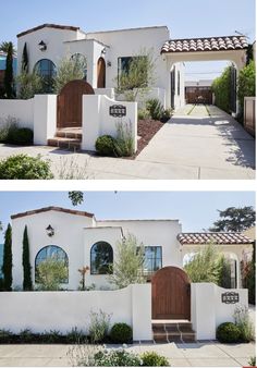 two pictures of the front and side of a house with white walls, brown doors and windows