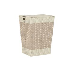 a white and beige laundry basket on a white background