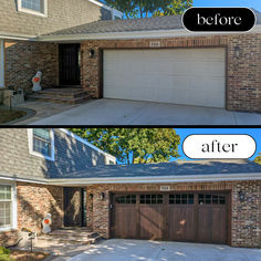 before and after shoreline garage door home makeover Door Transformation, Carriage House Garage Doors, New Garage, Residential Garage, Garage Door Design, Brick Exterior, Modern Hardware