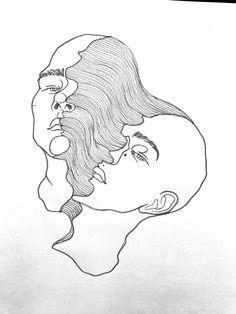 a black and white drawing of two people's faces, one with long hair