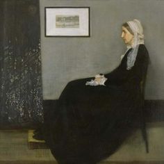 a painting of a woman in a black dress sitting on a chair with her head turned to the side