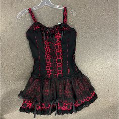 Tripp Nyc Size Medium Wash Wear Light Fading Which Is Very Normal For This Brand Vintage Queen Of Hearts Tutu Dress Ace Of Spades Black Red Goth Retro Red Ruffle Mini Dress For Costume Party, Red Ruffled Mini Dress For Costume Party, Red Mini Dress For Halloween, Sleeveless Red Corset Dress With Ruffles, Red Fitted Gothic Mini Dress, Fitted Red Gothic Mini Dress, Black Coquette Corset Dress For Summer, Black Summer Corset Dress In Flirty Style, Red Fitted Gothic Dress