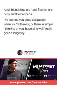 Adult relationships are hard. Everyone is busy and life happens. I've learne you've gotta text people when you're thinking of them. A simple "thinking of you, hope all is well" really goes a long way. "There is no stronger person than those who battle ADHD and never give up." - Coby Watts Check out Coby Watt's ADHD Handbook (available on Amazon); His ADHD story and handbook; How you can live better with ADHD. #ADHD #ADHDQuotes #MindsetTribe #CobyWatts Hope All Is Well, Relationships Are Hard, One Small Step, Small Step, Small Steps, Life Happens