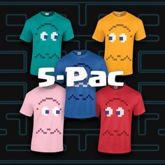 four different colored t - shirts with an image of pacman