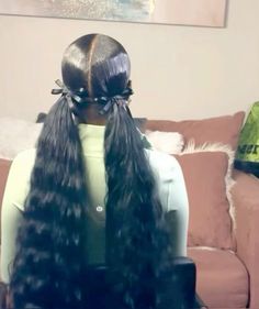 2 Weave Ponytail Hairstyles, Two Low Curly Ponytails, Two Slick Ponytails, Two Low Ponytails With Weave, Ponytail Hairstyles For Black Women Weave, Sew In Ideas, Two Ponytails With Weave, Slicked Back Ponytail