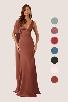 a woman in a long brown dress standing next to different color swatches and colors