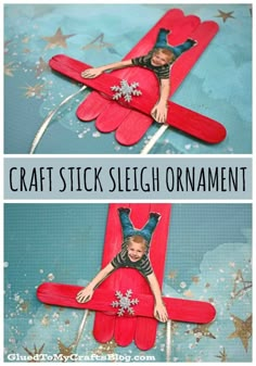 an airplane made out of paper and cardboard with the words craft stick sleigh ornament