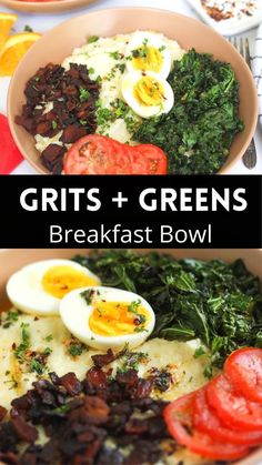 two bowls filled with eggs and vegetables on top of a table