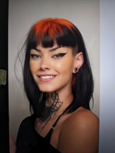 Black shoulder length haircut with orange roots, bangs above the eyebrows, and an undercut Undercut Alt Hair, Short Hair With Bangs And Undercut, Berlin Haircut Woman, Baby Bangs With Long Hair, Undercut With Fringe, Bangs With Undercut