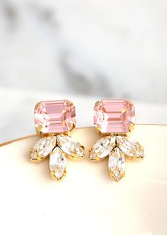 Blush Pink Stud Earrings Rose Crystal Earrings Bridal Blush | Etsy Elegant Pink Cluster Earrings, Elegant Pink Cluster Earrings Gift, Elegant Pink Cluster Earrings For Anniversary, Pink Bridal Earrings For Bridesmaid Gift, Pink Bridal Earrings For Evening, Light Pink Crystal, Rose Gold Bridal Earrings, Blush Earrings, Pink Crystal Earrings