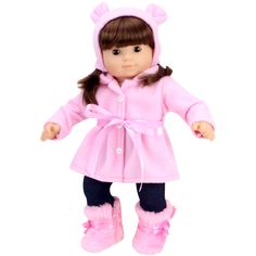 INCLUDED: This 3 piece set includes a winter jacket, hat and boots for 15 inch dolls. DETAILS: The luxuriously soft fleece jacket features a collar, white buttons and a satin ribbon sash that can be tied in front or behind to create different looks. ACCESSORIES: A matching fleece hat features bear ears and an elastic strap to secure on doll's head. The pink faux fur boots include zipper on the inside and pink satin ribbon bow ties wrapped around the ankle. EASY DRESSING: Hidden beneath the butto Fleece Coat Outfit, Pink Fur Boots, Pink Fleece Jacket, Hat With Ears, Pink Fleece, Satin Ribbon Bow, Fleece Hat, Pink Fur, Faux Fur Boots