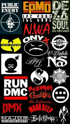 various stickers are shown on a black background