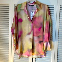 Zara Long Sleeve Multi-Color Blouse Nwt Size Small, Loose Fit One Button Detail On Front Chic Multicolor Tops With Buttons, Chic Multicolor Blouse With Button Closure, Chic Multicolor Shirt With Button Closure, Chic Multicolor Button-up Blouse, Multicolor Summer Blouse With Button Closure, Chic Multicolor Blouse With Buttons, Multicolor Button Closure Blouse For Day Out, Yellow V-neck Blouse With Buttons, Multicolor Blouse With Button Closure For Day Out