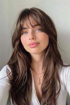 not my pin | creds to owner | comment if u want me to pull it down or give creds Brown Hair Inspo, Bangs With Medium Hair, Haircuts Straight Hair, Long Hair With Bangs, Haircuts For Long Hair, Brunette Hair