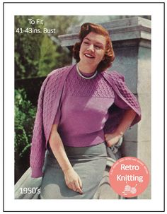 a woman wearing a purple sweater and grey skirt with the words retro knitting on it