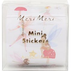 a clear plastic box with fairy images on the front and sides, containing an autocollliation for mini stickers