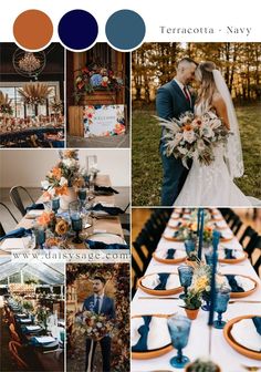 a collage of photos with blue and orange colors in the center, an image of a bride and groom at their wedding reception