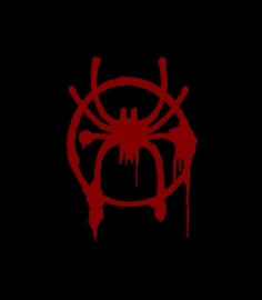 a spiderman logo on a black background with red paint splattered over it