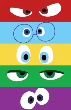 four different colored faces with eyes on them