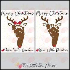 two christmas cards with reindeer's head and antlers on them, both have red bows