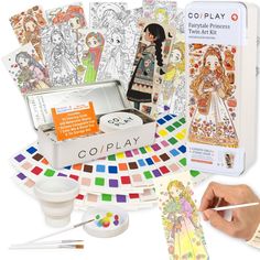 an artist's kit is shown with the contents for her coloring book and supplies