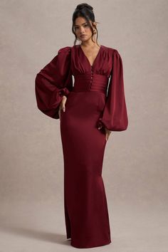 Helsinki | Berry Satin V-Neck Balloon Sleeve Maxi Dress Winter Wedding Guest Dress, Maxi Dresses Uk, Club L London, Black Dress Prom, Black Tie Gala, Party Dress Long Sleeve, Black Sequin Dress, Plunge Neckline, Sleeve Maxi Dress