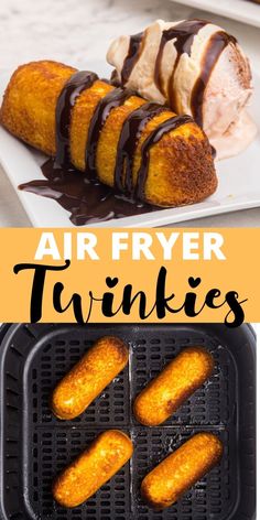 air fryer twinkies with chocolate drizzled on top and the words air fryer twinkies above them