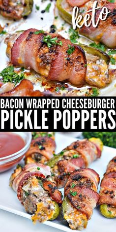 bacon wrapped cheeseburger pickle poppers with ketchup on the side