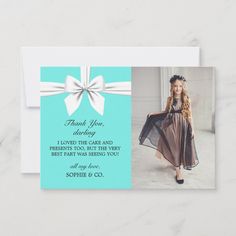 This Aqua Elegant Tiffany Theme Fancy Party Thank You card is the perfect stationery for every bougie soul. Use the products in this collection for birthday party, promotional event, sweet sixteen, anniversary, bridal shower, breakfast at an elegant restaurant or any milestone party with a luxury aesthetic. Teal blue, white and black combine for the perfect elegant theme for any fashion forward woman, girl or teen. Just add your photo and personalize the text! Bridal Shower Breakfast, Blue Party Themes, Tiffany Pearls, Tiffany Theme, Elegant Theme, Elegant Restaurants, Paris Theme Party, Birthday Brunch, Elegant Themes