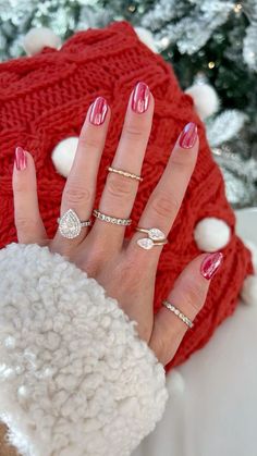 #christmas #nails #december Christmas Nails Acrylic Chrome, Christmas Nails With Chrome Powder, Simply Holiday Nails, Red Frosted Nails, Subtle Red Christmas Nails, Almond Shaped Holiday Nails, Red Nails White Chrome, Red Chrome Powder Nails, Chrome Nails Holiday