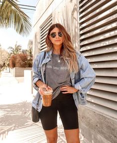 Boyfriend Top Outfit, Biker Shorts With Jean Jacket, Hot Zoo Day Outfit, Mother Son Date Night Outfits, Biker Shorts Outfit Mom, Biker Shorts And Denim Jacket Outfit, Mom Park Outfit Casual, Denim Shirt Biker Shorts, Park Clothes Outfit