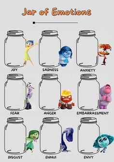 an image of jars with cartoon characters in them and the words jar of emotions written below